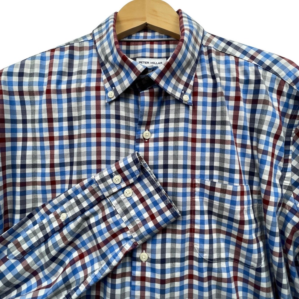 Peter Millar Crown Lite Shirt Mens XL Blue Burgundy Plaid Performance Stretch